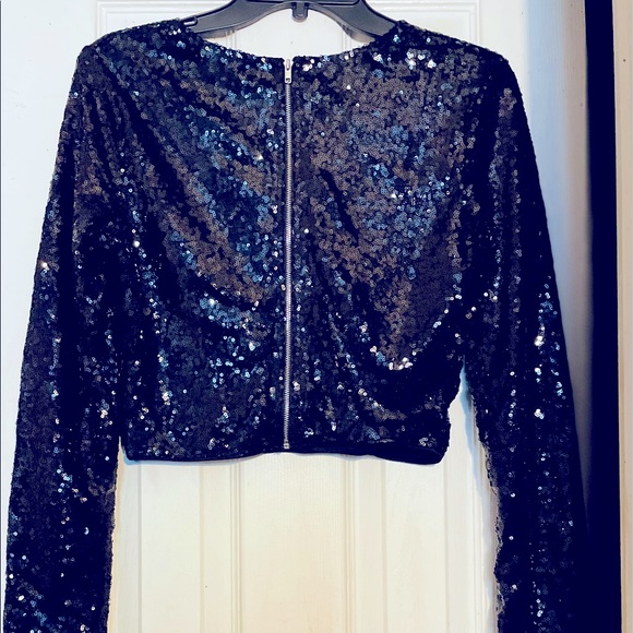 Revamped Tops Sequins Black Long Sleeve Crop Top With Zipper In